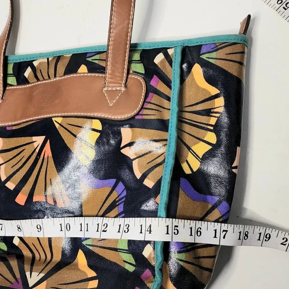 Fossil tote bag purse brown leather handles blue trim